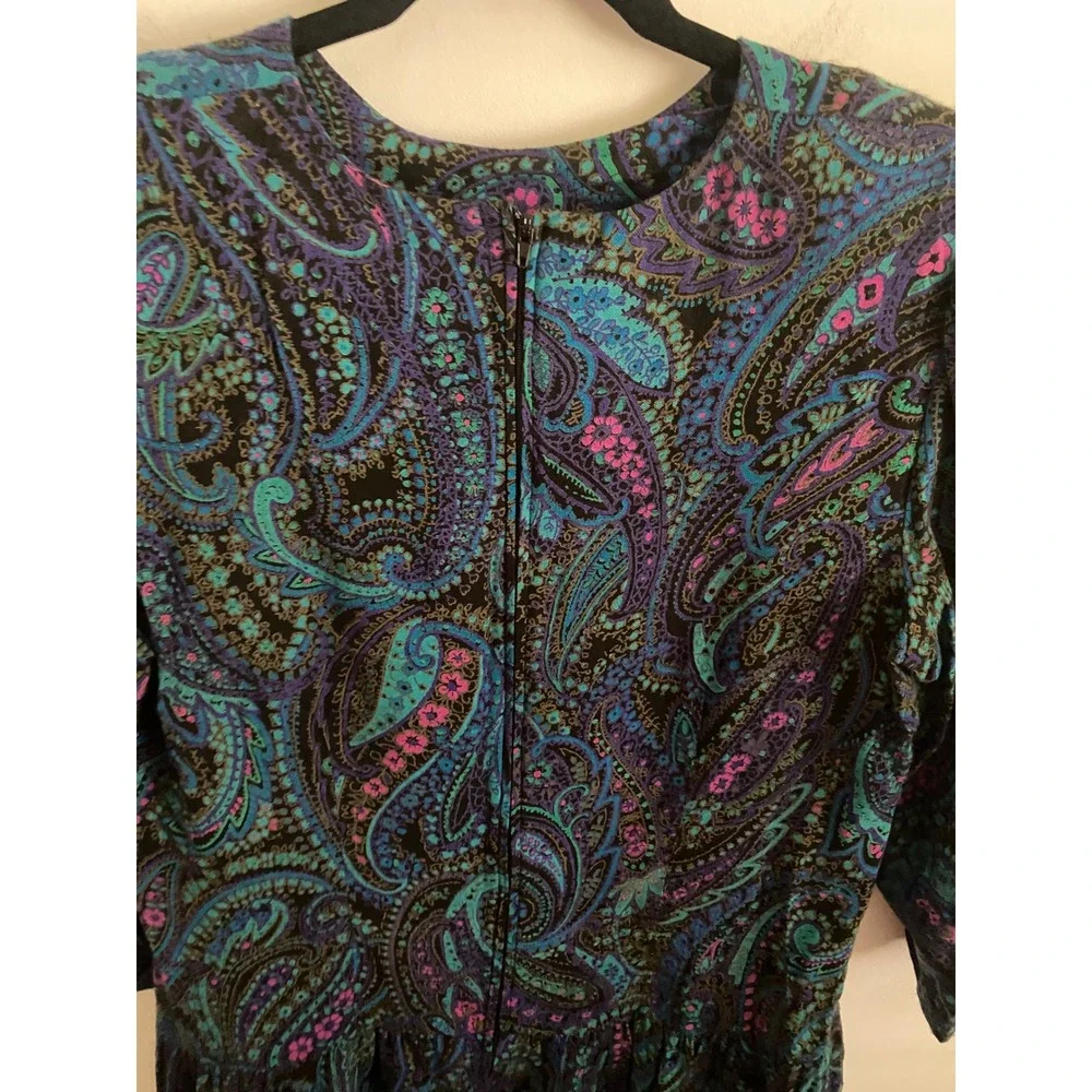 La Chemise Vintage 80s Paisley Drop Waist Midi Dress Teal Purple Magenta Size 12